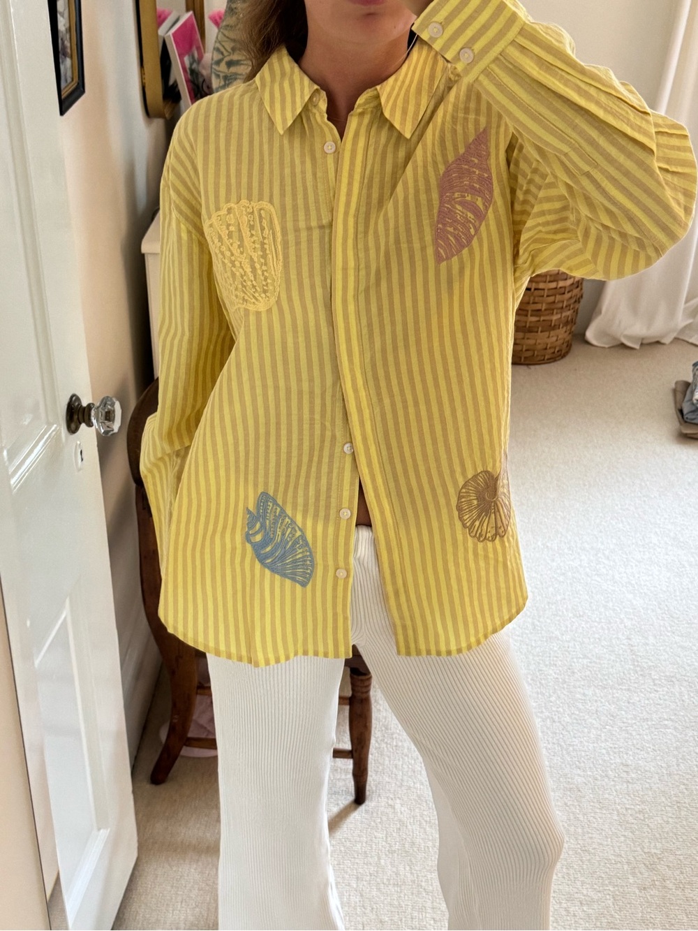 Tuckernuck Yellow Striped Embroidered Shells Button-Up Shirt